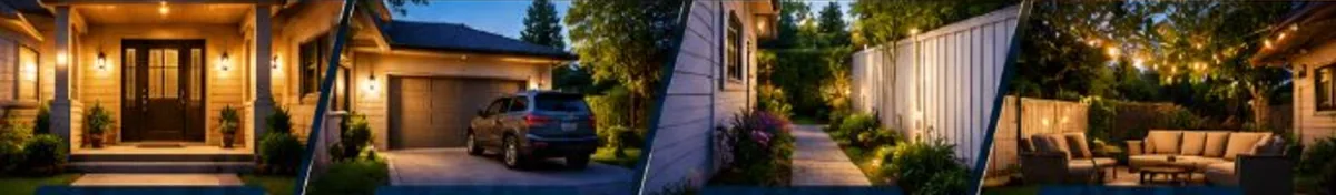 Front entrance, driveway, side yard and backyard of a home at dusk