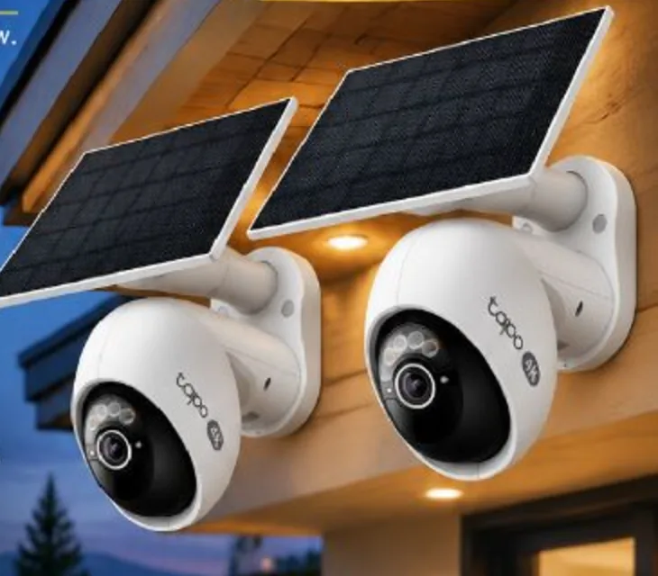 Two white Tapo 4K solar security cameras mounted under a home's eave at dusk